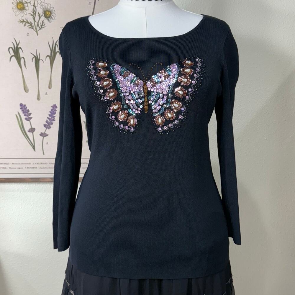 90s Y2k Sequin Beaded Butterfly Slinky Stretch Top Fairy Whimsigoth Witchy M L